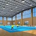 People Playing Badminton In Indoor Court With Blue Surface Large Windows Wooden Walls Fitness Activity