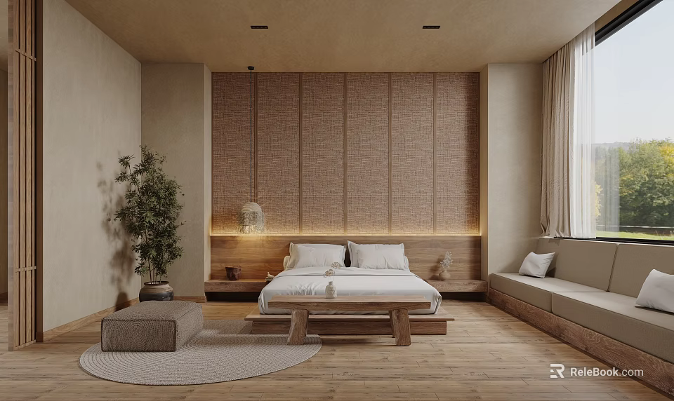 Minimalist Hotel Guest Room With Woven Wall Panel Wooden Bed Frame And Potted Plant 3d model 