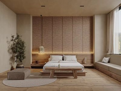 Minimalist Hotel Guest Room With Woven Wall Panel Wooden Bed Frame And Potted Plant 3d model