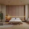 Minimalist Hotel Guest Room With Woven Wall Panel Wooden Bed Frame And Potted Plant