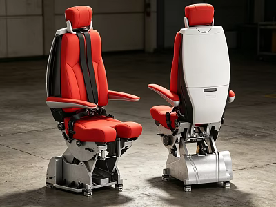 Red And White Aircraft Seats With Black Seatbelts And Metal Base 3d model