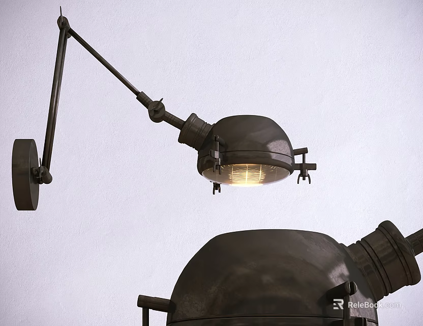 Vintage Industrial Wall Lamp With Adjustable Metal Arm Illuminated On White Wall 3d model 