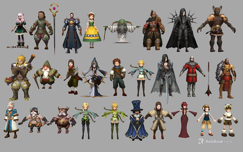 Game and Movie Characters Featuring Diverse Fantasy Costumes and Weapon Designs 3d model 