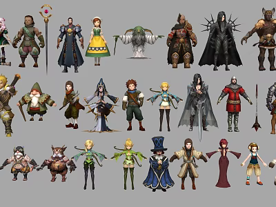 Game and Movie Characters Featuring Diverse Fantasy Costumes and Weapon Designs 3d model