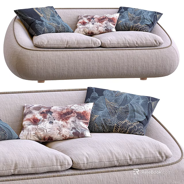 Modern Beige Fabric Two Seater Sofa With Rounded Arms Comfortable Cushions And Patterned Pillows 3d model
