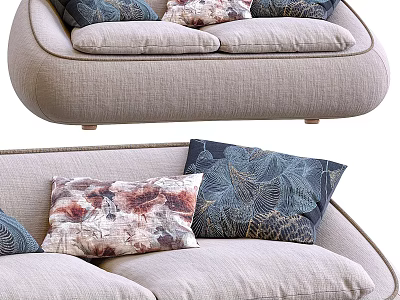 Modern Beige Fabric Two Seater Sofa With Rounded Arms Comfortable Cushions And Patterned Pillows 3d model