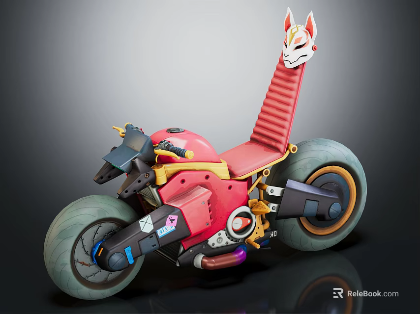 Stylish Red Motorcycle With Fox Mask Ribbed Seat And Futuristic Design 3d model 