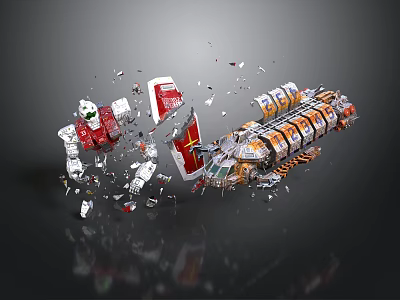 Cosmic Spacecraft Breaking Apart With Scattered Red White And Orange Debris 3d model