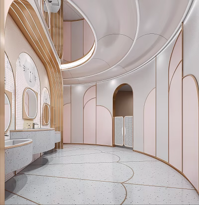 Modern Elegant Public Restroom With Curved Arches And Pink Tones 3d model