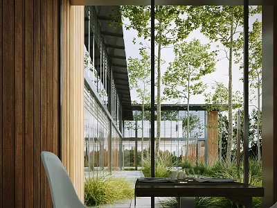 Modern Office Building Design With Wooden Walls Large Windows And Courtyard Greenery 3d model
