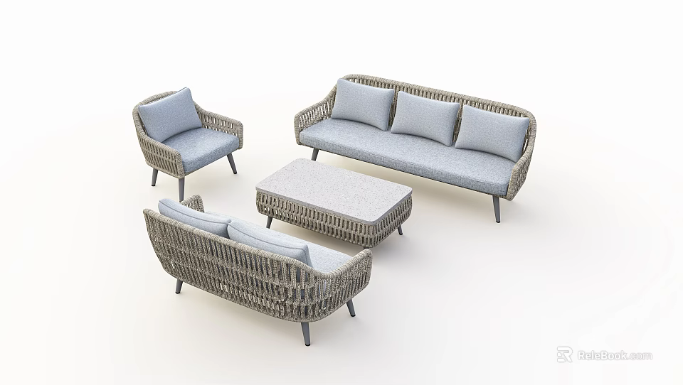 Modern Rattan Sofa and Coffee Table Set with Gray Cushions and Armchairs 3d model 