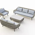 Modern Rattan Sofa and Coffee Table Set with Gray Cushions and Armchairs