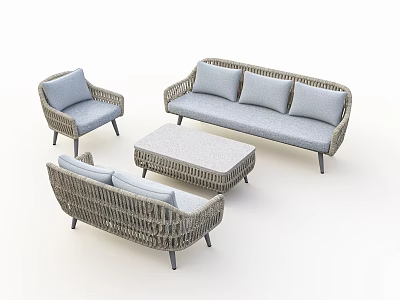 Modern Rattan Sofa and Coffee Table Set with Gray Cushions and Armchairs 3d model