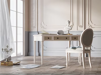 White Desk With Drawers in Elegant Interior With Sculpture Chair Window Curtains and Wooden Floor 3d model