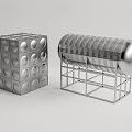 Industrial Equipment Cube Tank With Circular Patterns And Cylindrical Tank On Support Frame