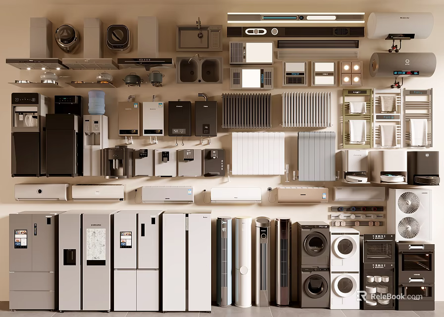 Various Types of Modern Household Appliances Displayed on Shelves in Showroom Collection 3d model 