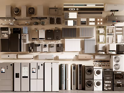 Various Types of Modern Household Appliances Displayed on Shelves in Showroom Collection 3d model