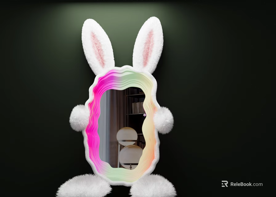 Bunny Ears Mirror with Plush Paws and Colorful Gradient Frame on Dark Background 3d model 