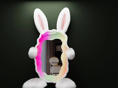Bunny Ears Mirror with Plush Paws and Colorful Gradient Frame on Dark Background 3d model