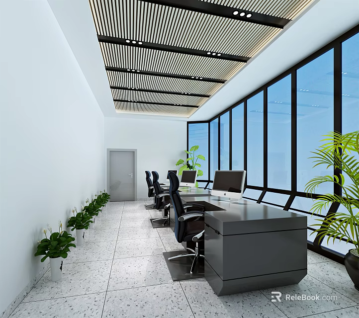 Modern Monitoring Room Interior With Work Desks Computers Large Windows And Potted Plants 3d model 