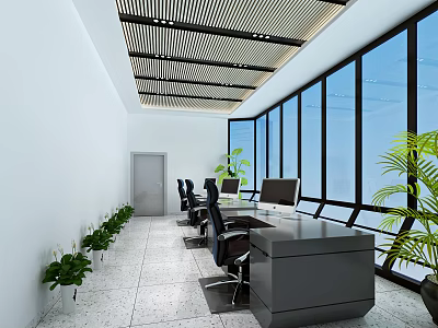 Modern Monitoring Room Interior With Work Desks Computers Large Windows And Potted Plants 3d model
