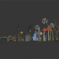 3D Fantasy Forest Scene Components With Colorful Mushrooms Crystals And Plants