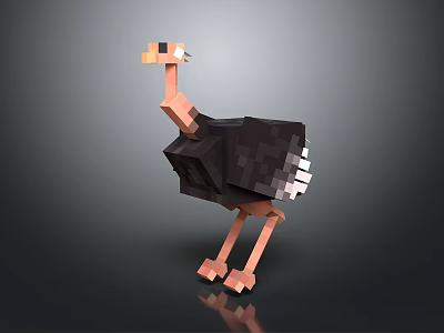 Pixel Art Ostrich 3D Model in Standing Pose with Digital Rendering and Stylized Design 3d model
