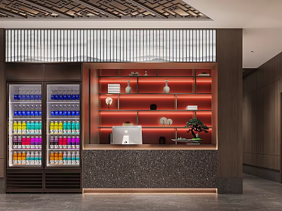 Elegant Hotel Lobby Interior With Reception Desk Illuminated Shelves Beverage Fridge And Decorative Items 3d model
