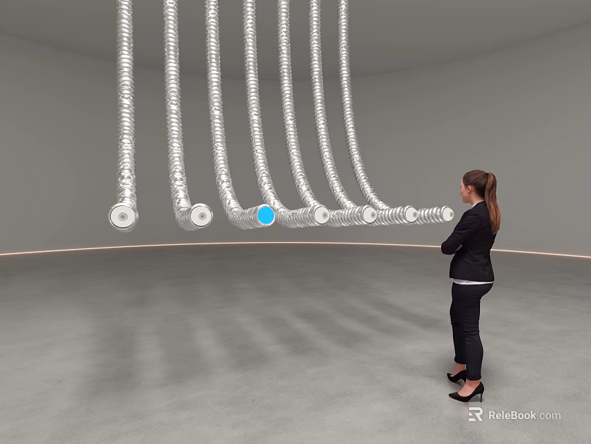 Hanging Silver Tubes Art Installation With Circular Ends And Blue Sphere In Indoor Space 3d model 