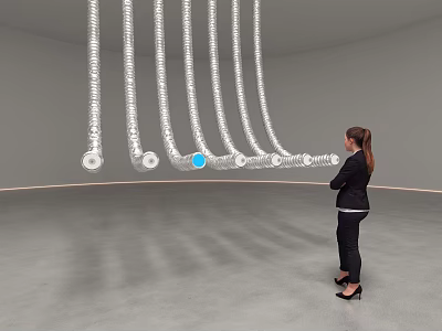 Hanging Silver Tubes Art Installation With Circular Ends And Blue Sphere In Indoor Space 3d model