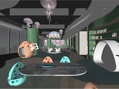 Playful Kindergarten Interior Featuring Jellyfish Chandeliers Egg Shaped Seats And Green Walls 3d model
