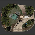 Miniature Garden Scene Featuring Tall Trees Small Pavilion Stream Stones And Plants