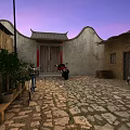 Garden Landscape With Stone Paved Courtyard White Building Tile Roof And Red Motorcycle