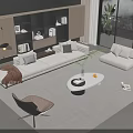 Modern Living Room Sofa Coffee Table Set With Armchair Shelving Unit And Scenic Window View