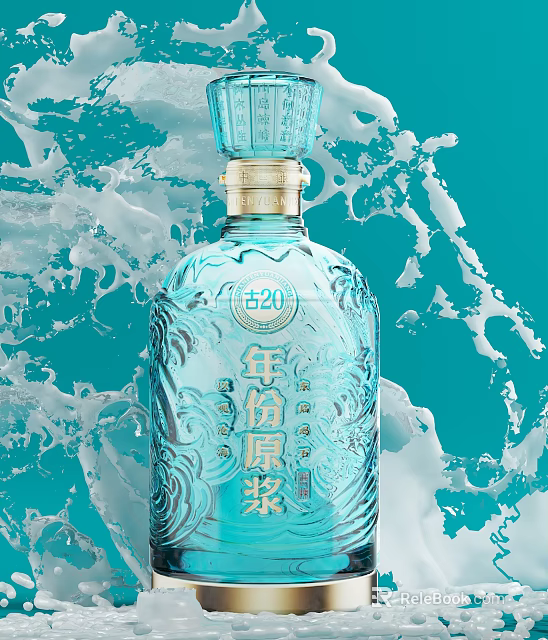 Blue Aged Liquor Bottle and Glass with Elegant Carved Design and Water Splashes 3d model 