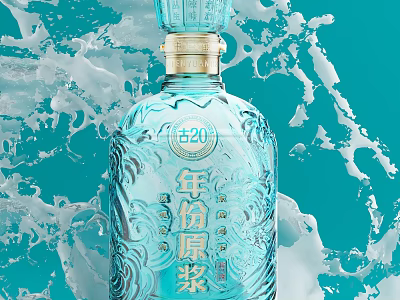 Blue Aged Liquor Bottle and Glass with Elegant Carved Design and Water Splashes 3d model