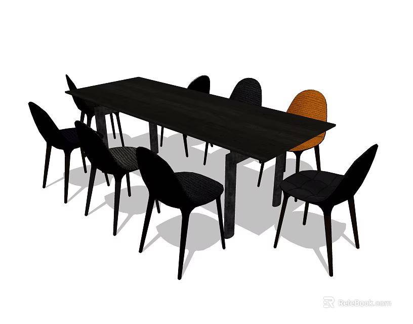 Modern Long Dining Table With Black And Orange Chairs Set For Home 3d model