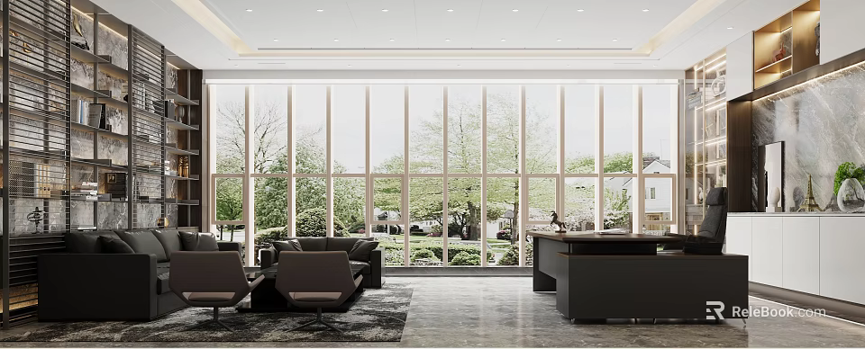 Modern Office Interior With Large Windows Comfortable Sofa And Office Desk 3d model