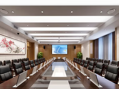 Modern Conference Room Interior Design With Large Screen Leather Chairs Long Table And Green Plants 3d model