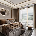 Elegant Modern Bedroom Interior Design With Upholstered Bed Round Mirror And Curtains