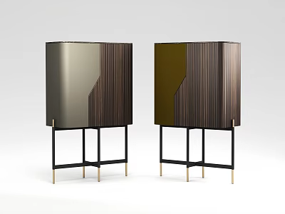Modern Wine Cabinet With Dark Wooden Panels And Gold Metal Legs 3d model