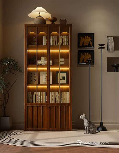 Modern Wooden Illuminated Bookshelf With Books Decorative Items Plant Framed Artworks And Cat 3d model 