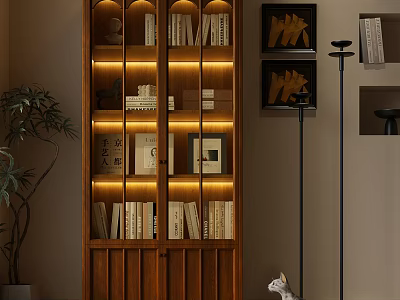 Modern Wooden Illuminated Bookshelf With Books Decorative Items Plant Framed Artworks And Cat 3d model