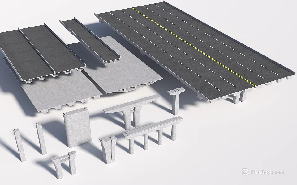 Bridge Construction Components Including Concrete Deck Piers And Support Beams 3d model 