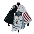 Traditional White Kimono With Black Sleeves Red Stripes Blue Sash And Dragon Design
