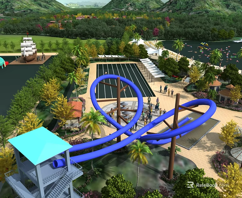 Swing Door Entrance Design For Water Park Featuring Blue Slide And Palm Trees 3d model 