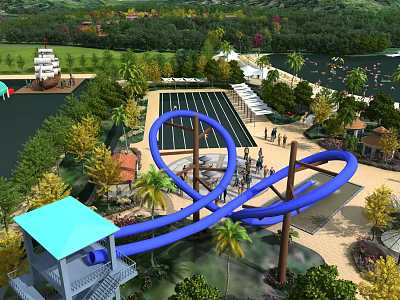 Swing Door Entrance Design For Water Park Featuring Blue Slide And Palm Trees 3d model