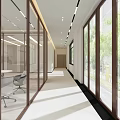 Modern Office Corridor Featuring Blue Wall Reception Desk Hanging Pendant Lights And Glass Door