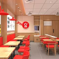 Chinese Fast Food Restaurant Interior With Red Tables Chairs Open Counter And Menu Displays