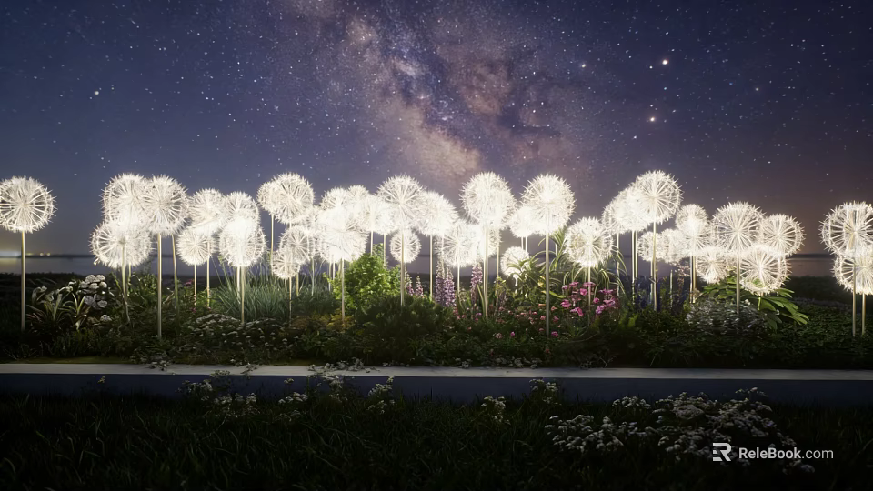 Dandelion Shaped Decorative Lights Illuminating Garden Under Starry Sky And Milky Way 3d model 